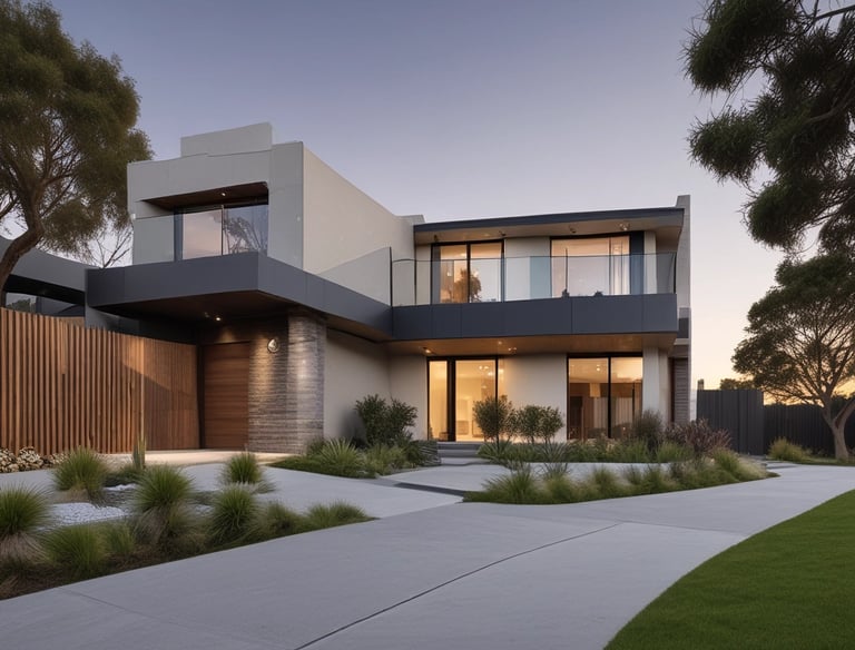 A beautifully crafted modern home exterior with clean lines and landscaped garden.