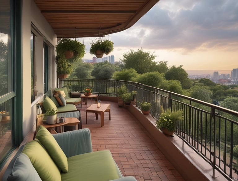 Evening view of the high-rise towers with illuminated balconies.