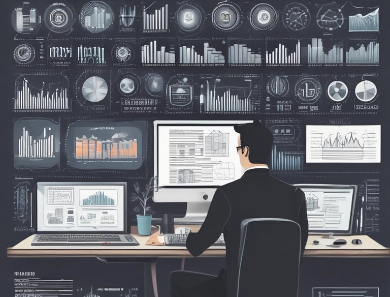 White hands organizing papers and financial reports on a wooden desk.
