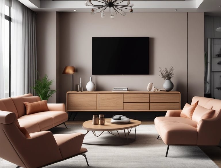 Elegant living room shelving unit made of solid wood with decorative accents.