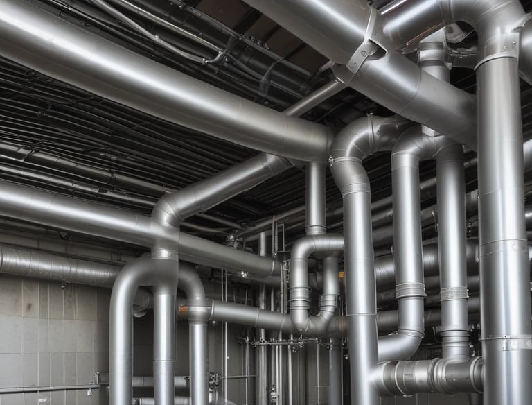 Technicians assembling hydraulic piping system in industrial setting.