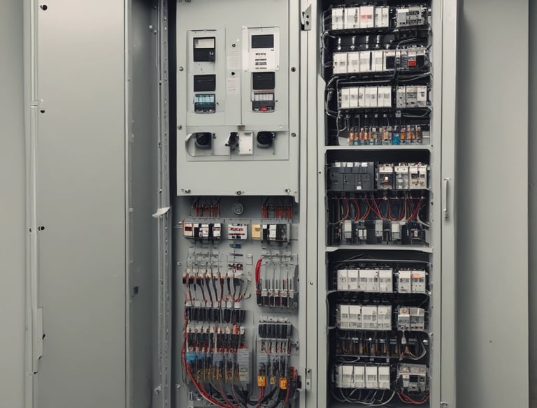 Electric panel installation with bright blue LED indicators glowing.