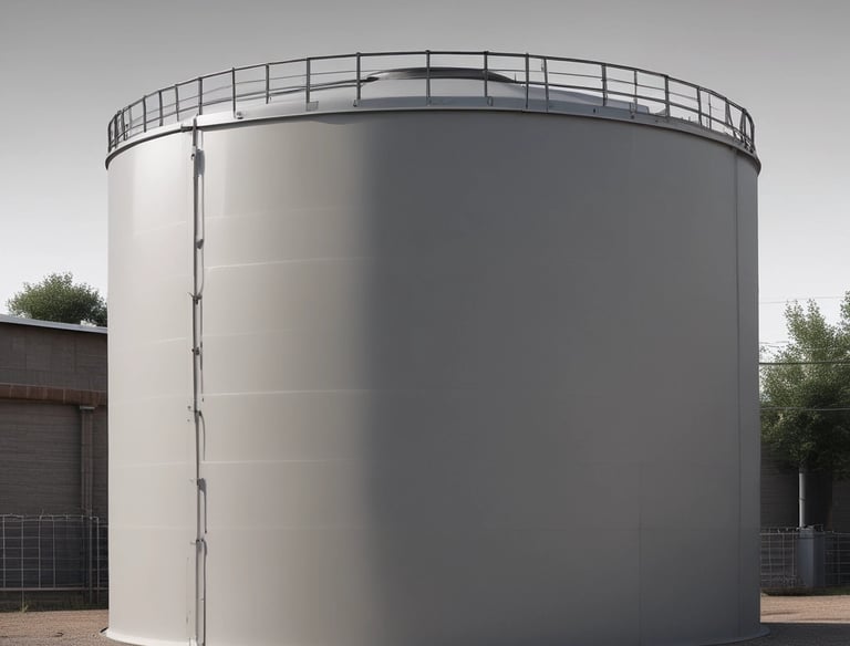 Modern water reservoir installation with blue sky background.