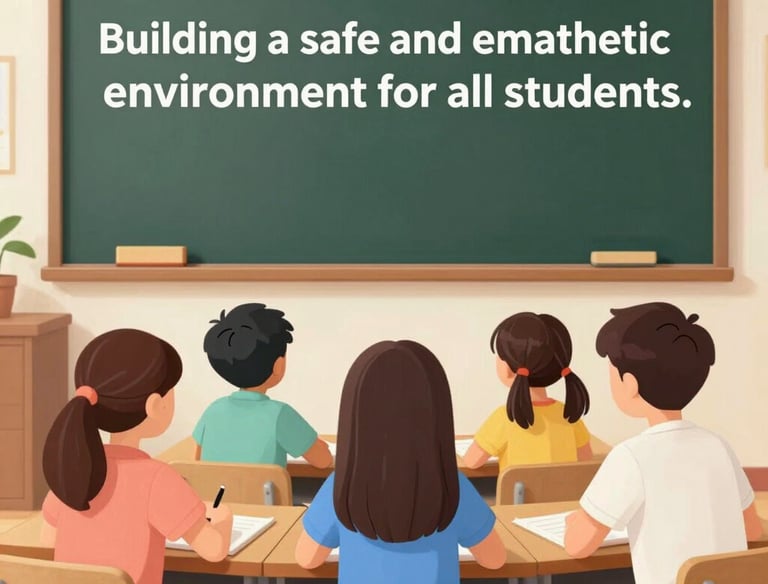 A caring teacher comforting a student in a school hallway.