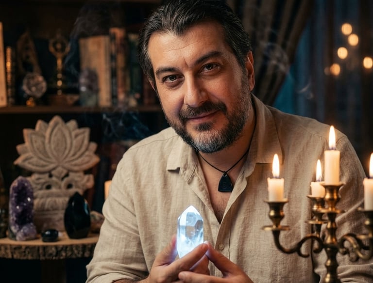 A spiritual male healer holding a glowing quartz crystal in a candlelit study with books and gemstones.