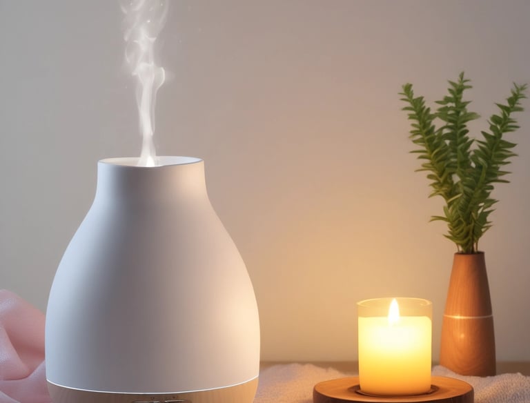 A peaceful bedroom setup highlighting sleep aids like a diffuser and cozy blankets.