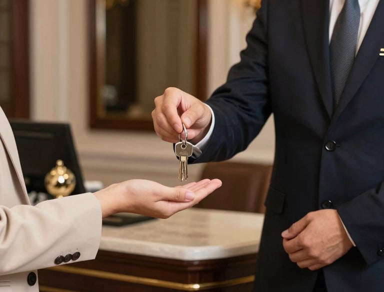 A concierge handing over keys to a happy property owner in a stylish rental home.