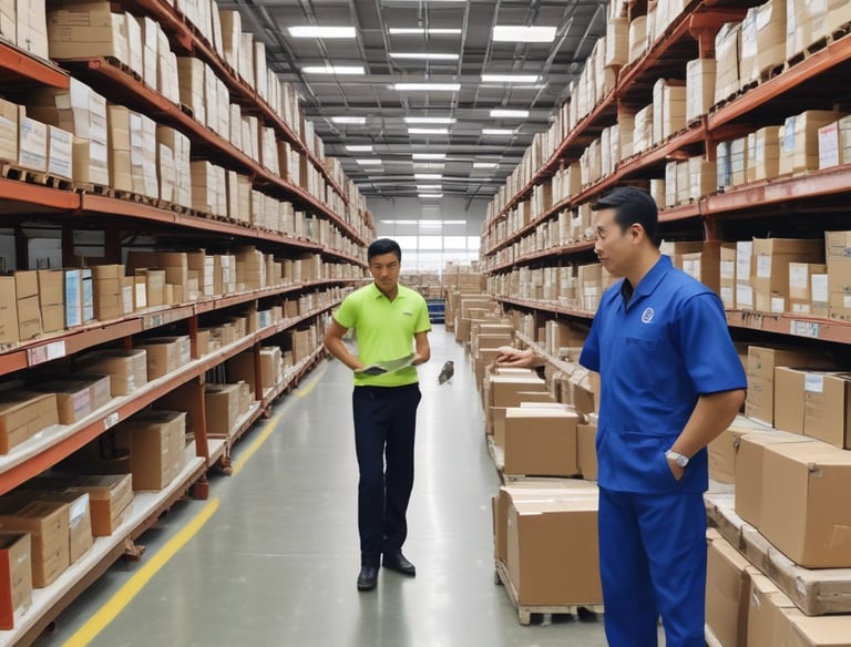 Close-up of hands reviewing product samples and supplier contracts in a busy workspace.