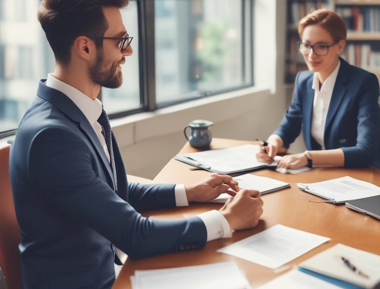 A friendly consultant discussing import plans over a laptop with a client in a modern office setting.
