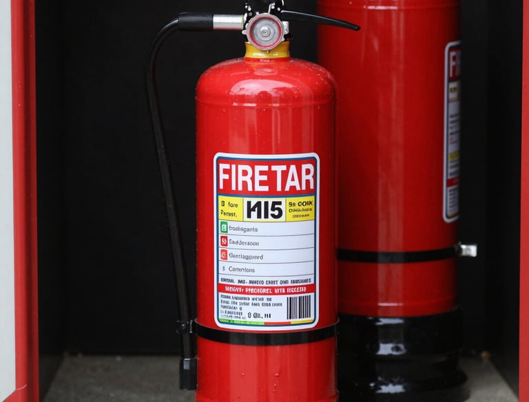 Fire protection equipment, such as extinguishers and alarms, installed in a commercial building.