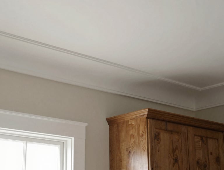 Freshly painted crown molding framing a cozy living room ceiling.