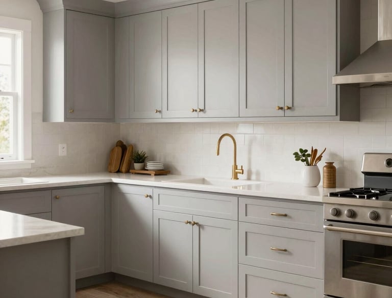 Close-up of elegant cabinet knobs and handles installed on wooden kitchen cabinets.