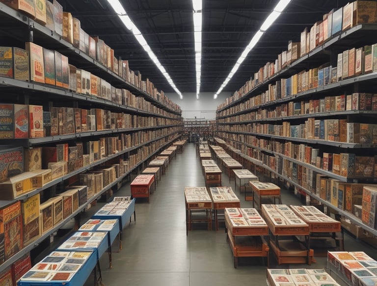 Colorful assortment of toys neatly displayed on shelves in a bright store.