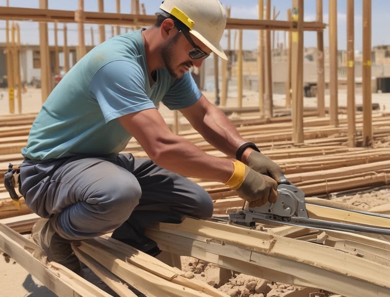 Construction workers laying bricks on a sunny Qatar building site.