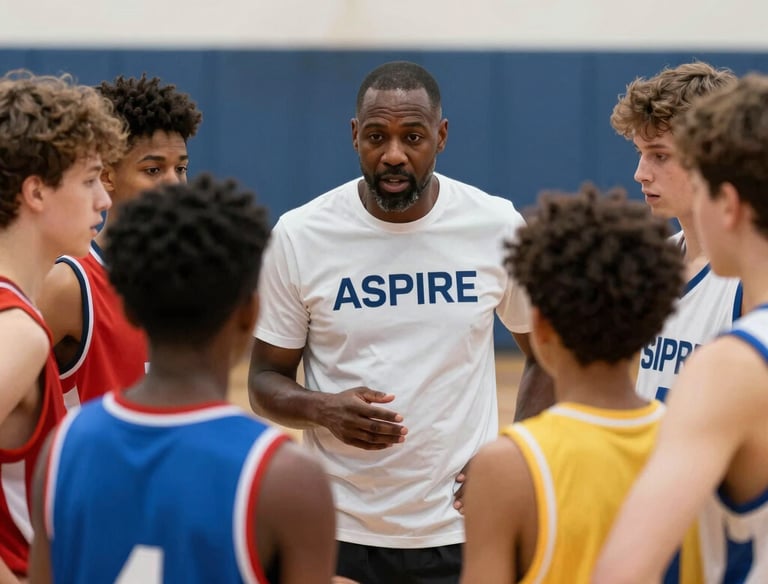 Children practicing basketball drills on a school gym court with a coach guiding them.