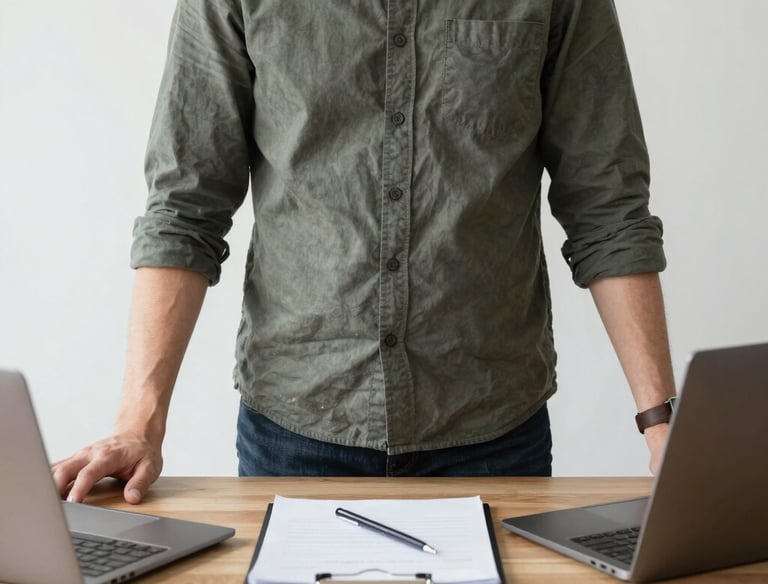 A confident lawyer consulting with a client in a bright, minimalist office.