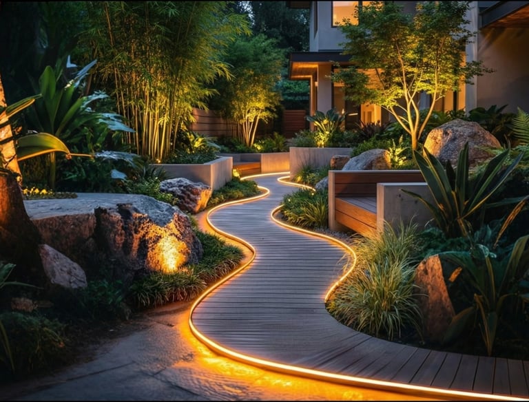 Modern garden path with curved wooden decking and warm LED strip lighting at night.