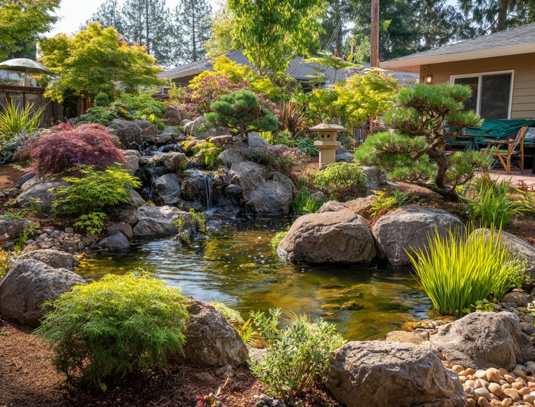 Backyard garden pond with a cascading stone waterfall, Japanese maples, and a stone lantern.