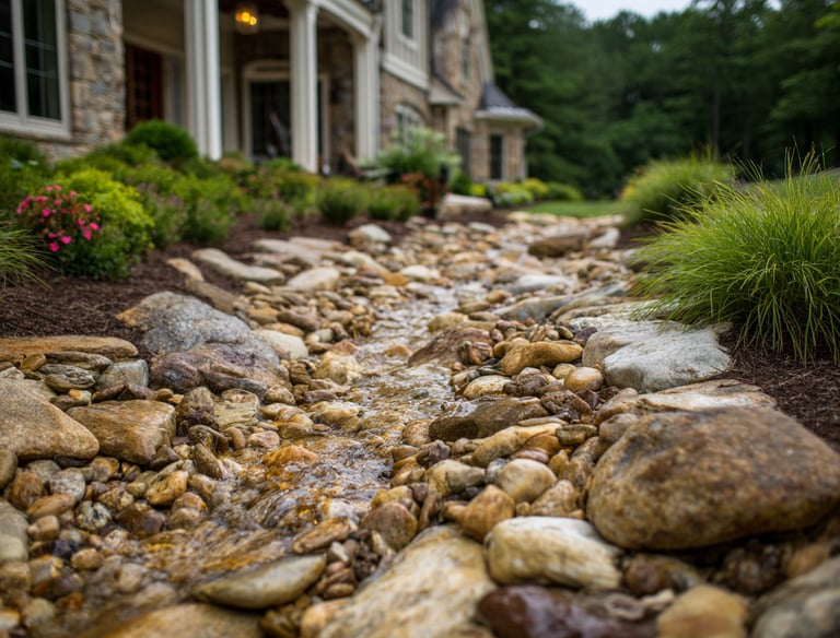 Custom stone dry creek bed and backyard water feature landscaping for a luxury home.