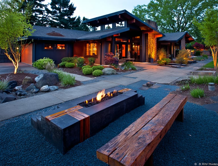Modern luxury home exterior with a stone fire pit and wood bench in a landscaped backyard.