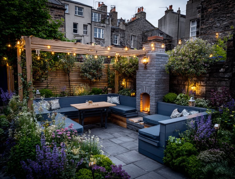 Modern patio garden with a grey brick fireplace, wooden pergola, string lights, and blue built-in seating.