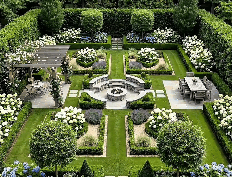 Symmetrical formal garden design featuring a central fire pit, manicured boxwood hedges, and white hydrangeas.