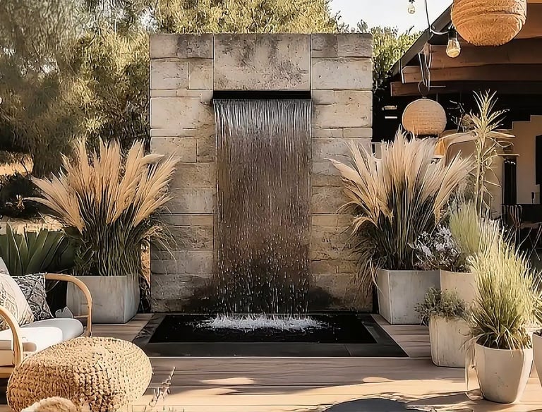 Modern outdoor waterfall wall fountain on a luxury patio with pampas grass and seating.