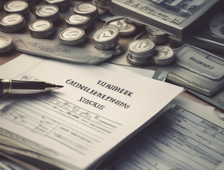 A professional reviewing company documents with a laptop and calculator on the desk.