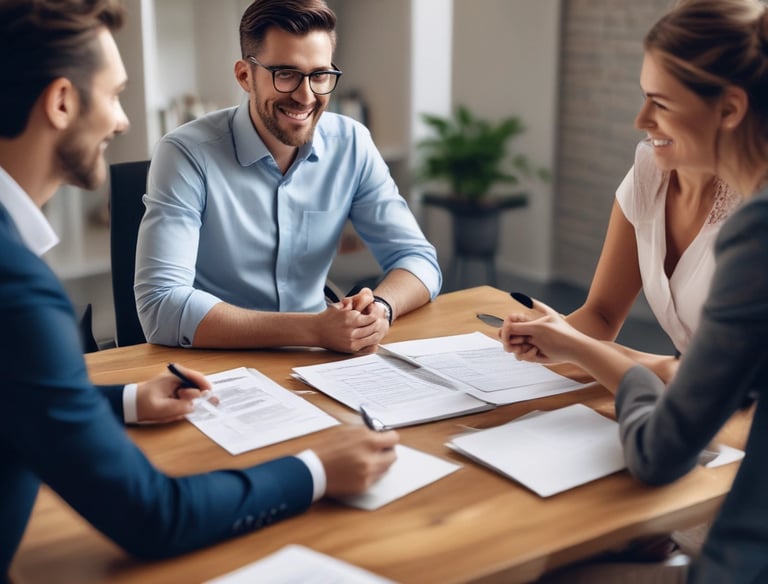 Payroll specialist processing payments on a computer with a smiling team in the background.