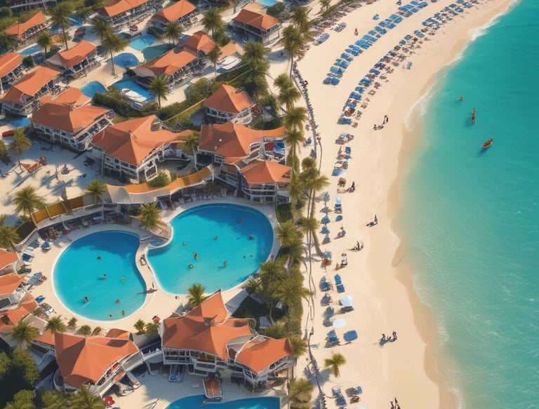 A serene all-inclusive beachfront resort with palm trees and turquoise waters.