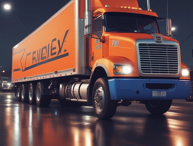 A truck on the highway with a focus on its well-maintained engine parts.