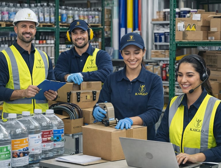 Equipo de logística de almacén con equipo de seguridad procesando el inventario y empacando las caja