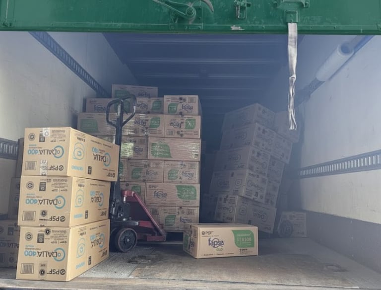 Cajas de papel higienico dentro de un camión de reparto para el envío de mercancía