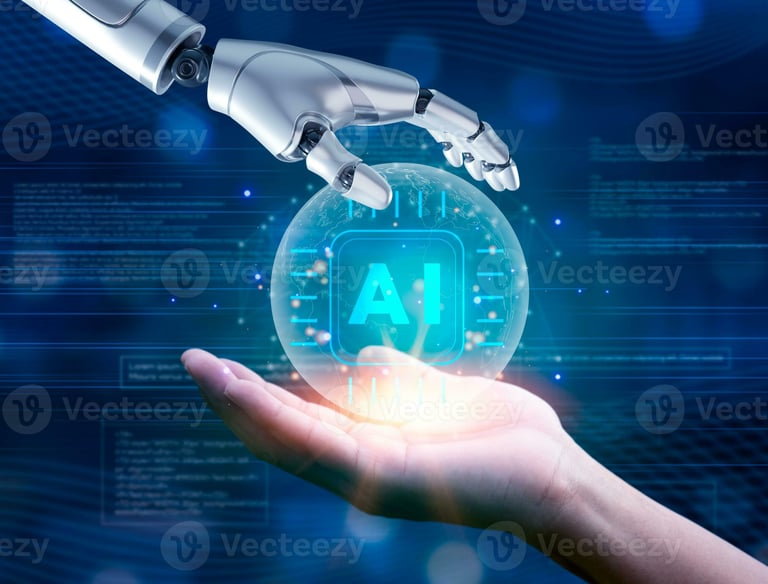 a robot hand holding a glass ball with a hand holding it