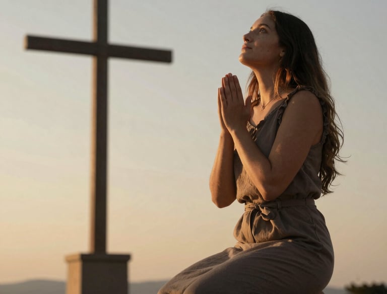A serene prayer corner with soft cushions, a cross, and gentle sunlight streaming in.