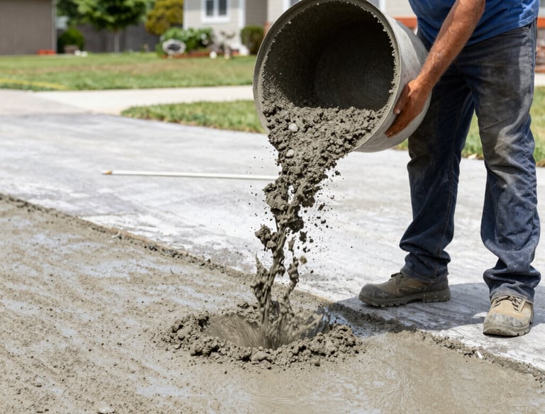 Smooth, freshly poured concrete driveway with clean modern edges in a suburban setting.