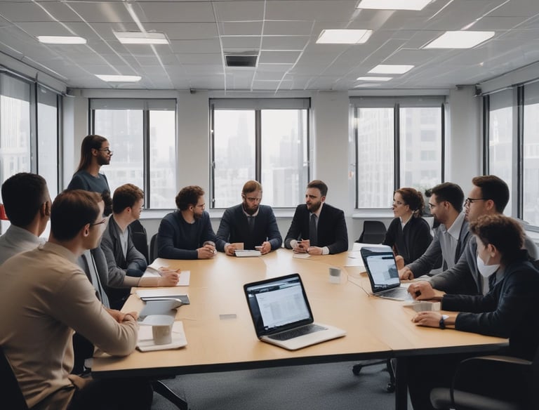 Team collaborating around a table with digital devices showing project plans.