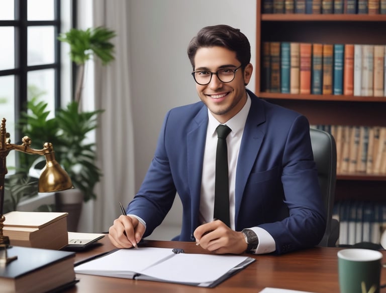Close-up of hands typing a legal petition on a laptop with law books nearby.