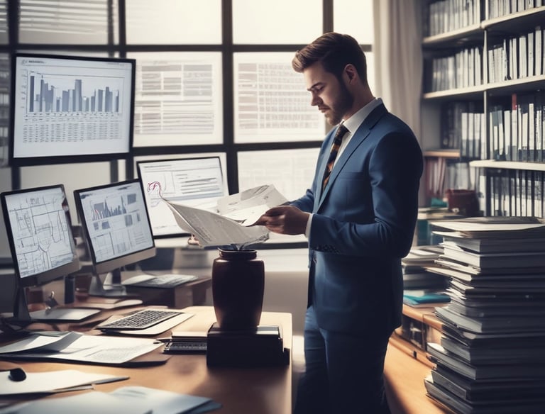 Close-up of hands calculating taxes with financial charts on a laptop screen.