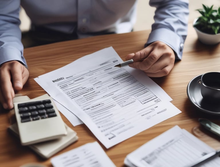 Professional accountant reviewing financial documents in a modern office.