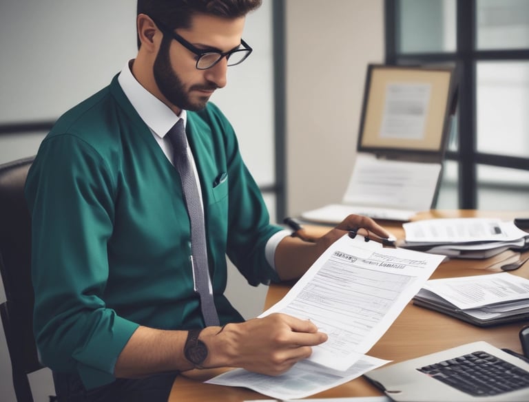 Professional consultant explaining tax documents to a client in a modern office.