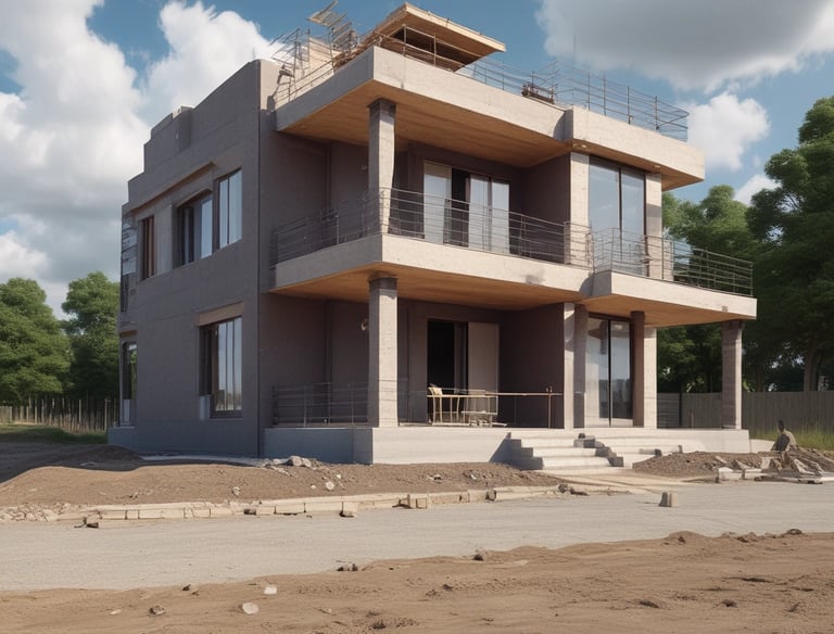 Construction site with workers and heavy machinery preparing foundation.
