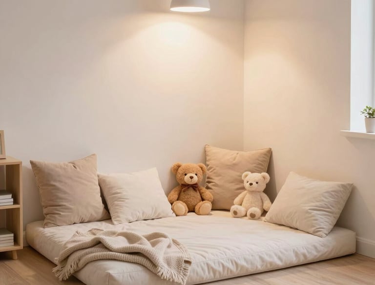 A caring teacher gently holding a toddler's hand in a colorful playroom.