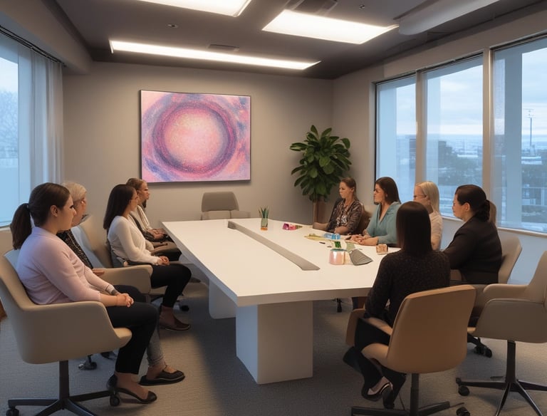 Conference room with seated women around an oblong table