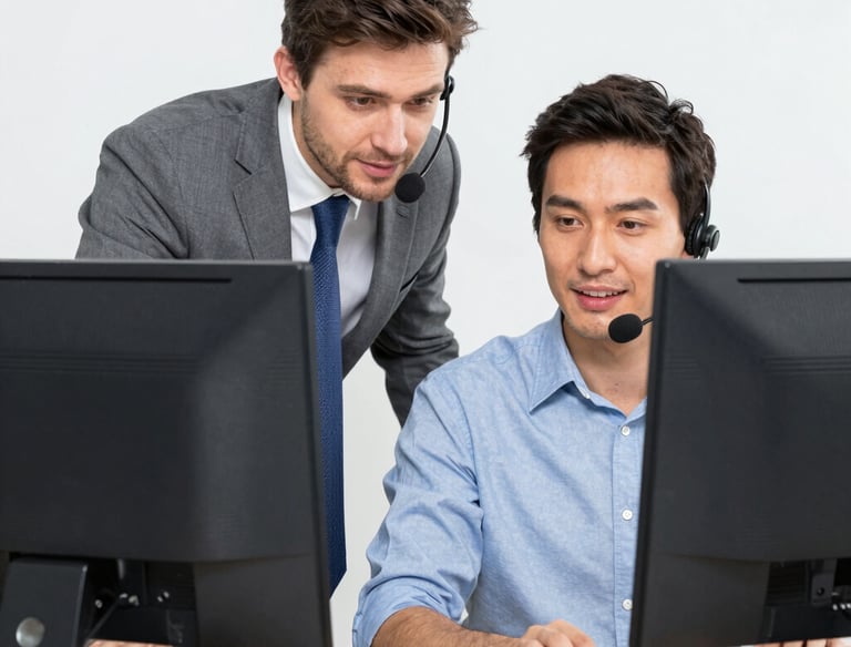 A friendly technician assisting a client with computer support.