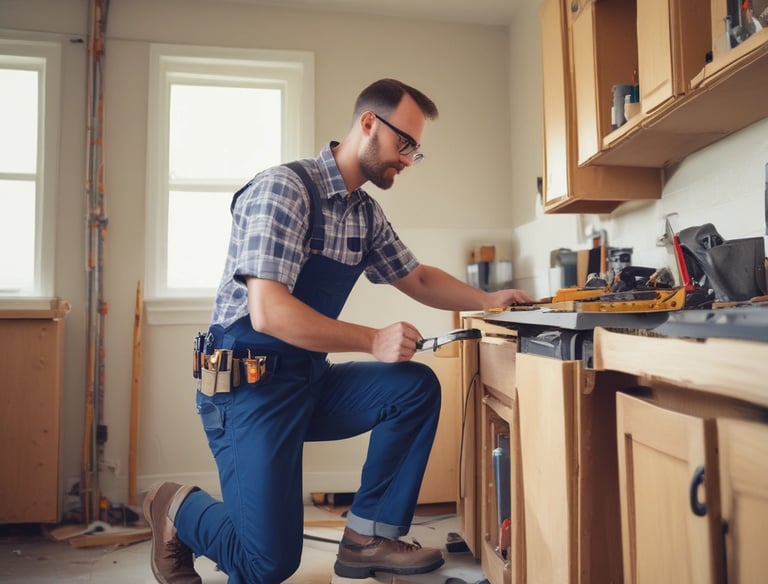 A handyman assembling furniture in a home.