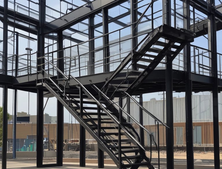Modern metal staircase with sleek guardrails inside a commercial building.