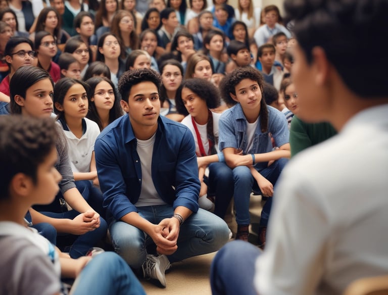 Young people engaged in a leadership workshop, actively participating and collaborating.