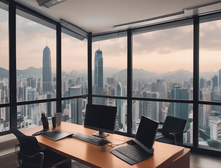 Business consultant advising clients in a modern office setting.