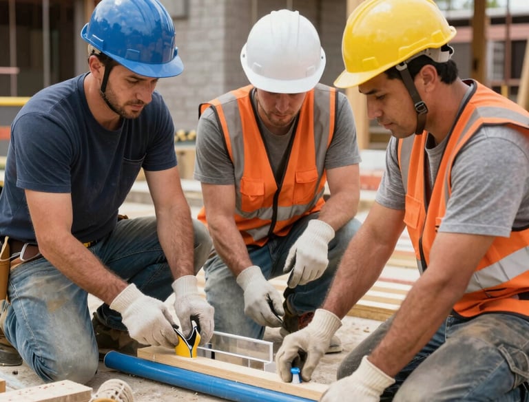 A team of professionals collaborating over technical plans in a modern office.